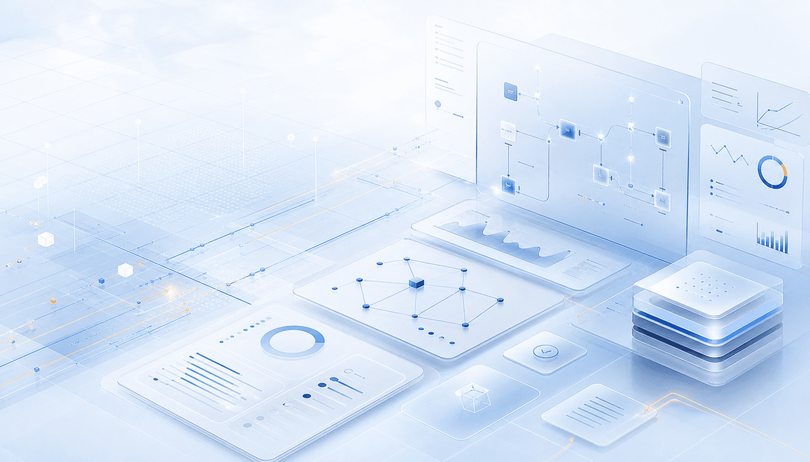 Abstract AI software delivery command center with charts, nodes, and deployment flows